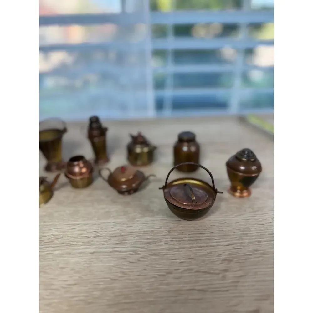 Vintage Japan Miniature Brass Copper Kitchenware Lot, 12pc Dollhouse Decor